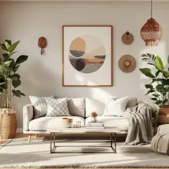 Przytulny salon w stylu scandi boho z dużą ilością zielonych roślin, jasną sofą i plecionymi dodatkami.