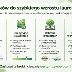 5 kroków do szybkiego wzrostu laurowiśni: inteligentne podlewanie, precyzyjne nawożenie, ochrona i przestrzeń, pielęgnacja w pierwszym roku. Dowiedz się, jak szybko rośnie laurowiśnia!
