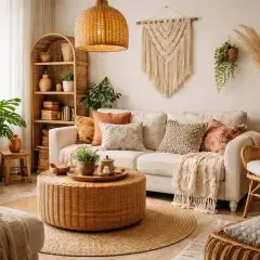 Przytulny salon w stylu boho. Wygodna sofa, wiklinowe meble, mnóstwo roślin i makrama na ścianie tworzą relaksującą atmosferę.