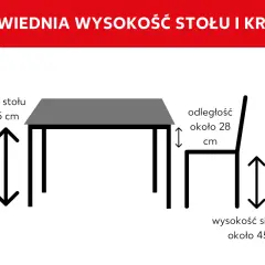 Wysokość stołu jadalnia ok. 75 cm, odległość siedziska od blatu ok. 28 cm, wysokość siedziska ok. 45 cm.