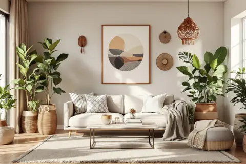 Przytulny salon w stylu scandi boho z dużą ilością zielonych roślin, jasną sofą i plecionymi dodatkami.