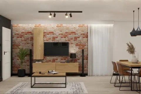 Nowoczesna aranżacja salonu w stylu loft z ceglaną ścianą, drewnianymi meblami i czarnymi dodatkami.