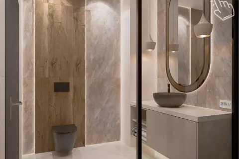 Nowoczesna łazienka z płytkami imitującymi drewno i kamień. Płytki 120x60 pionowo czy poziomo? Tutaj zastosowano pionowe ułożenie, co optycznie wydłuża przestrzeń.
