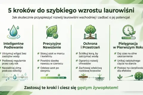 5 kroków do szybkiego wzrostu laurowiśni: inteligentne podlewanie, precyzyjne nawożenie, ochrona i przestrzeń, pielęgnacja w pierwszym roku. Dowiedz się, jak szybko rośnie laurowiśnia!