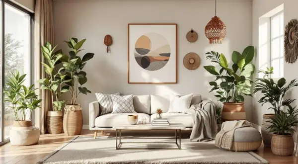 Przytulny salon w stylu scandi boho z dużą ilością zielonych roślin, jasną sofą i plecionymi dodatkami.