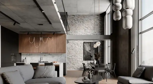 Nowoczesne mieszkanie w kamienicy: beton, cegła i drewno tworzą industrialne inspiracje. Sofa, jadalnia i kuchnia w otwartej przestrzeni.