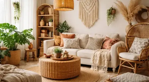 Przytulny salon w stylu boho. Wygodna sofa, rattanowe meble, makrama na ścianie i mnóstwo roślin tworzą ciepłą atmosferę.