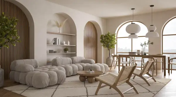 Miękka sofa w kolorze kremowym i plecione krzesła tworzą przytulną przestrzeń.
