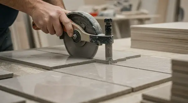 Cięcie płyt tarasowych 2 cm za pomocą piły tarczowej. Precyzyjne cięcie materiału na taras.