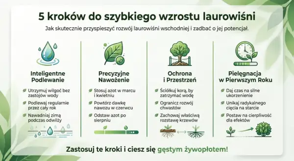 5 kroków do szybkiego wzrostu laurowiśni: inteligentne podlewanie, precyzyjne nawożenie, ochrona i przestrzeń, pielęgnacja w pierwszym roku. Dowiedz się, jak szybko rośnie laurowiśnia!
