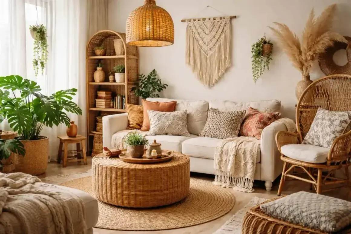 Przytulny salon w stylu boho. Wygodna sofa, rattanowe meble, makrama na ścianie i mnóstwo roślin tworzą ciepłą atmosferę.
