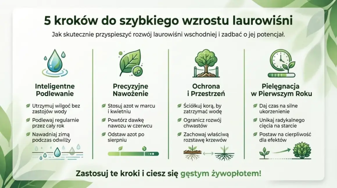5 kroków do szybkiego wzrostu laurowiśni: inteligentne podlewanie, precyzyjne nawożenie, ochrona i przestrzeń, pielęgnacja w pierwszym roku. Dowiedz się, jak szybko rośnie laurowiśnia!