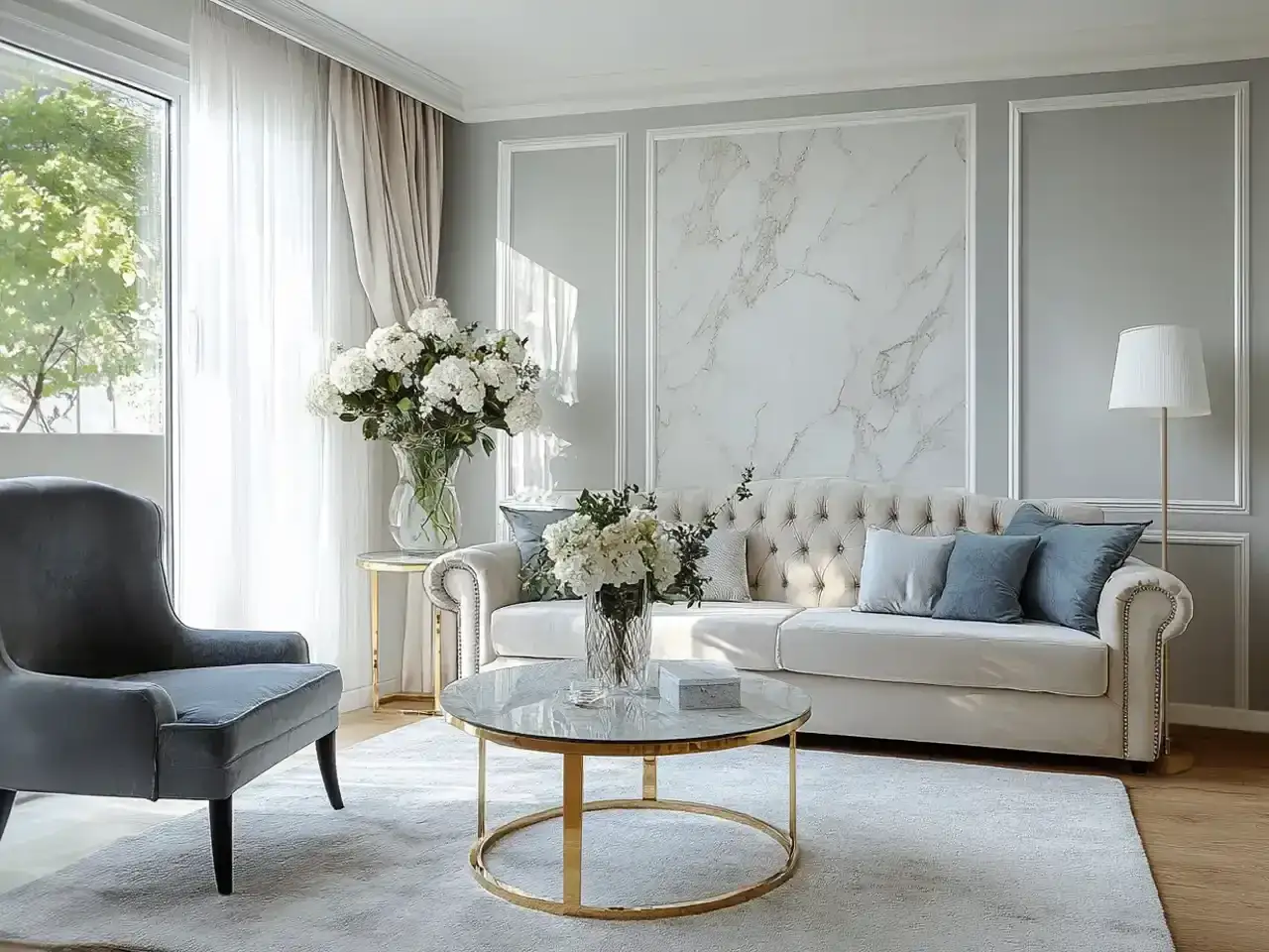 Elegancki salon z sofą i fotelem. Marmurowa ściana i bukiety kwiat&oacute;w to inspiracja, jak ozdobić ścianę.