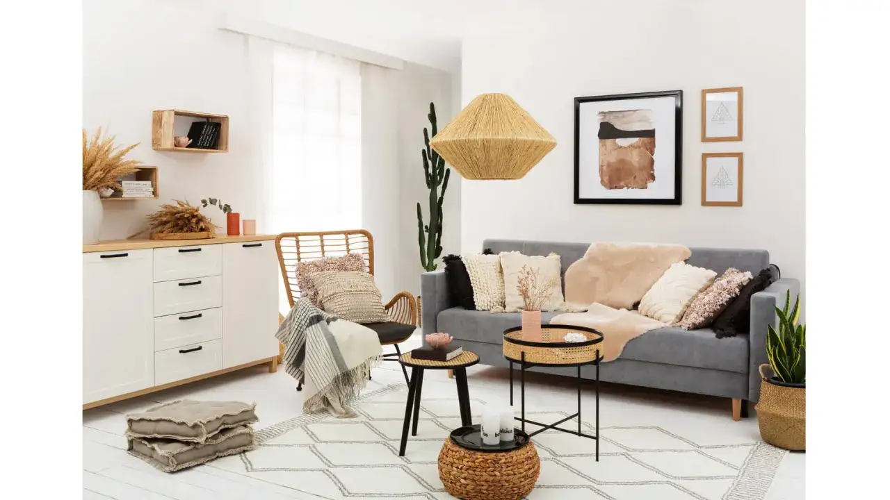 Przytulny salon w stylu scandi boho: szara kanapa, rattanowy fotel, plecione dodatki i ciepłe tekstylia tworzą relaksującą atmosferę.