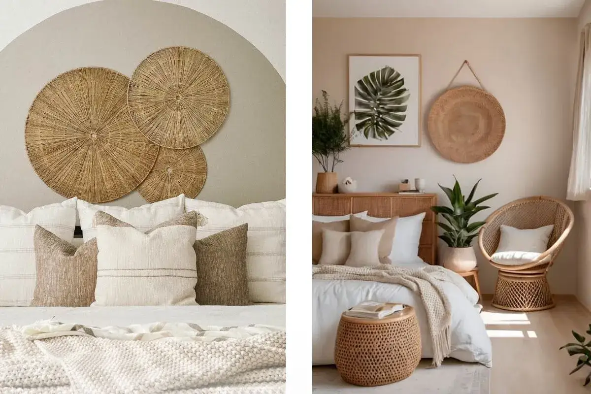 Sypialnia w stylu boho z plecionymi dekoracjami ściennymi, rattanowym fotelem i naturalnymi materiałami.