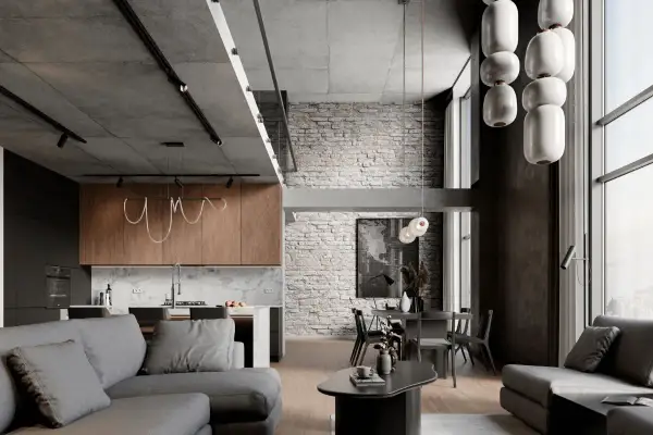Nowoczesne mieszkanie w kamienicy: beton, cegła i drewno tworzą industrialne inspiracje. Sofa, jadalnia i kuchnia w otwartej przestrzeni.