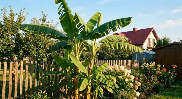 Dwa młode bananowce z bujnymi liśćmi, pokazujące, jak szybko rośnie bananowiec w domu, na tle ogrodu z domem i płotem.