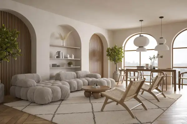Miękka sofa w kolorze kremowym i plecione krzesła tworzą przytulną przestrzeń.