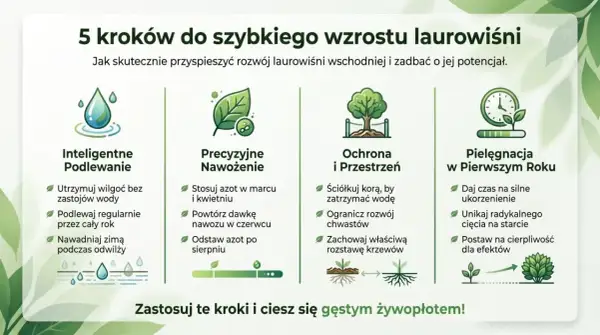 5 kroków do szybkiego wzrostu laurowiśni: inteligentne podlewanie, precyzyjne nawożenie, ochrona i przestrzeń, pielęgnacja w pierwszym roku. Dowiedz się, jak szybko rośnie laurowiśnia!